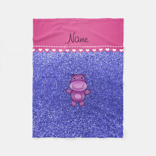 Personalized name purple hippo neon blue glitter fleece blanket (Front)