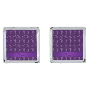 Personalized name purple lacrosse silhouettes silver cufflinks