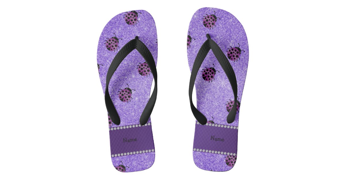 Personalized name purple ladybug purple glitter flip flops | Zazzle
