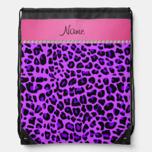 Personalized name purple leopard pink stripe drawstring bag