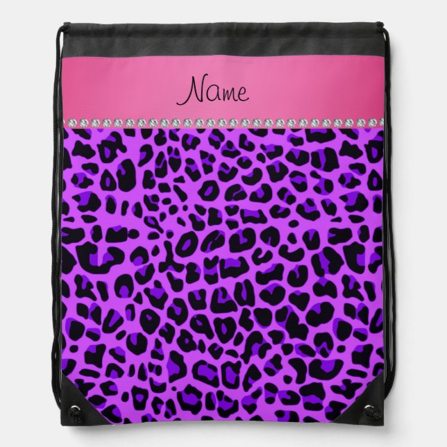 Personalized name purple leopard pink stripe drawstring bag (Front)