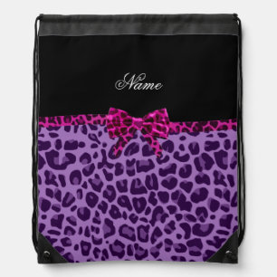 Personalized name purple leopard print pink bow drawstring bag