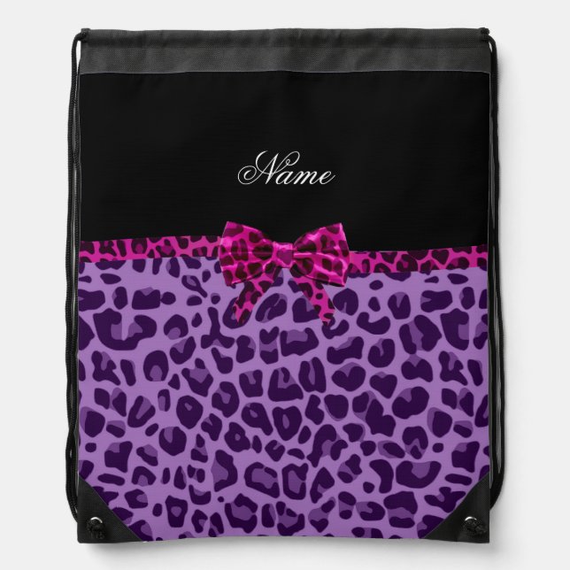 Personalized name purple leopard print pink bow drawstring bag (Front)