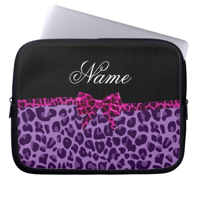 Personalized name purple leopard print pink bow laptop sleeve (Front)
