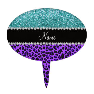 Personalized name purple leopard turquoise glitter cake topper