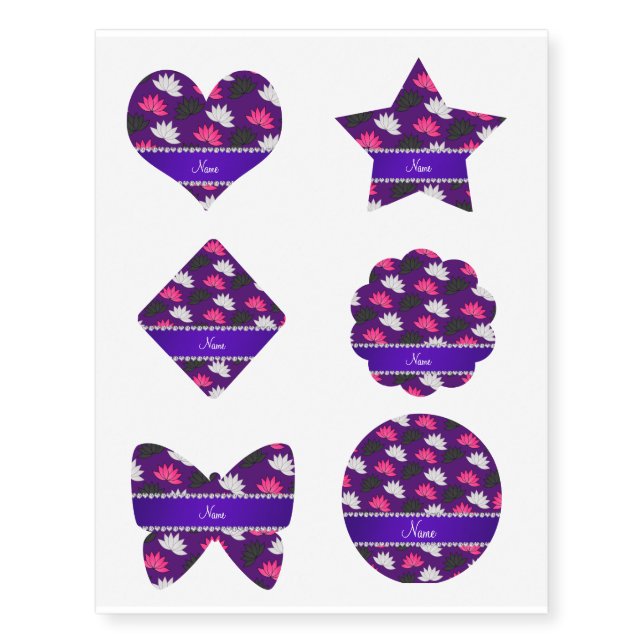 Personalized name purple lotus flowers temporary tattoos (Front)