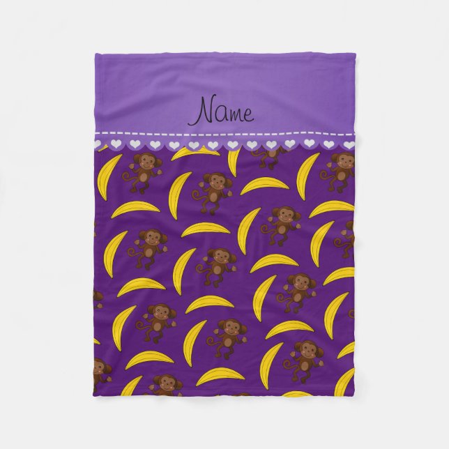 Personalized name purple monkey bananas fleece blanket (Front)