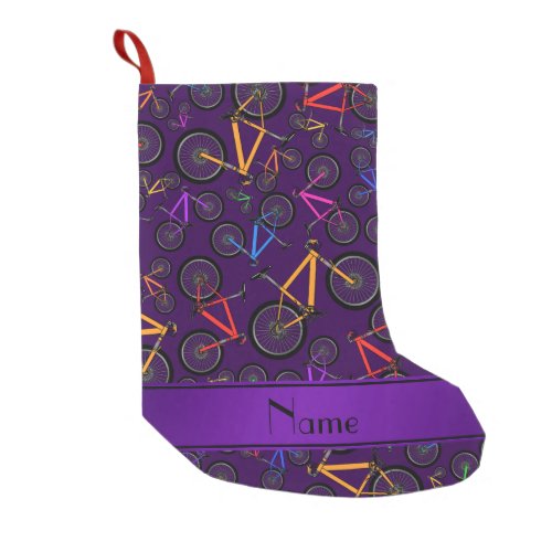 Personalized name purple mountain bikes small christmas stocking