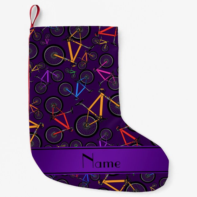 Personalized name purple mountain bikes small christmas stocking (Front)