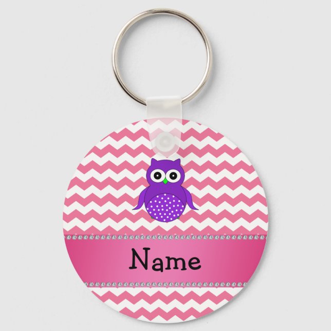 Personalized name purple owl pink chevrons keychain (Front)