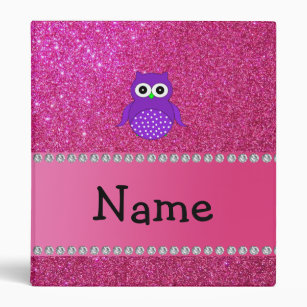 Personalized name purple owl pink glitter 3 ring binder