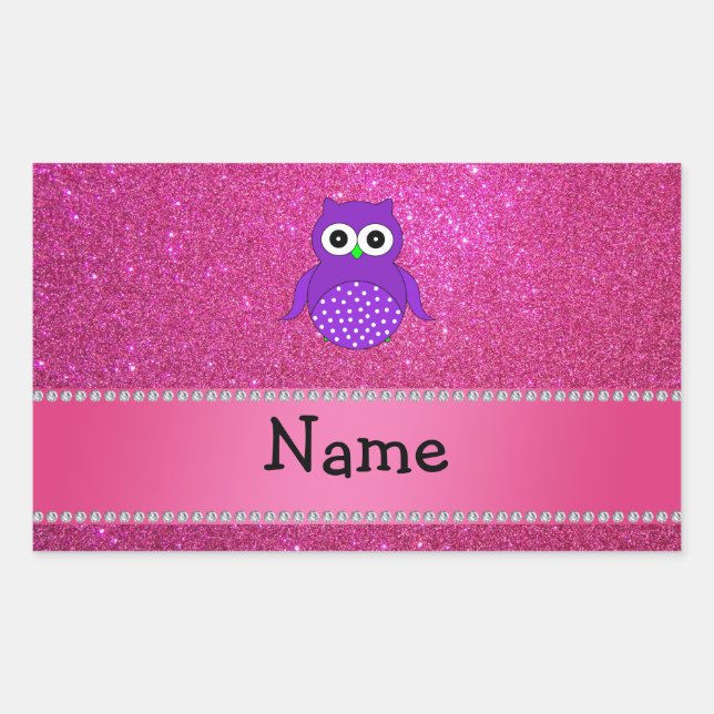 Personalized name purple owl pink glitter rectangular sticker (Front)