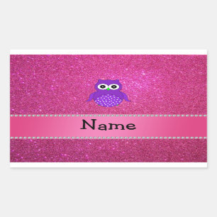 Personalized name purple owl pink glitter rectangular sticker