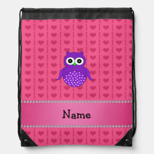 Personalized name purple owl pink hearts drawstring bag