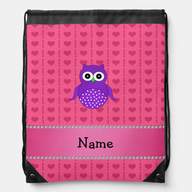 Personalized name purple owl pink hearts drawstring bag (Front)