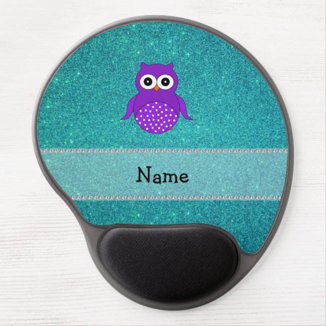 Personalized name purple owl turquoise glitter gel mouse pad (Front)