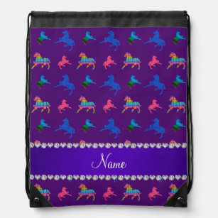 Personalized name purple patterned horses drawstring bag
