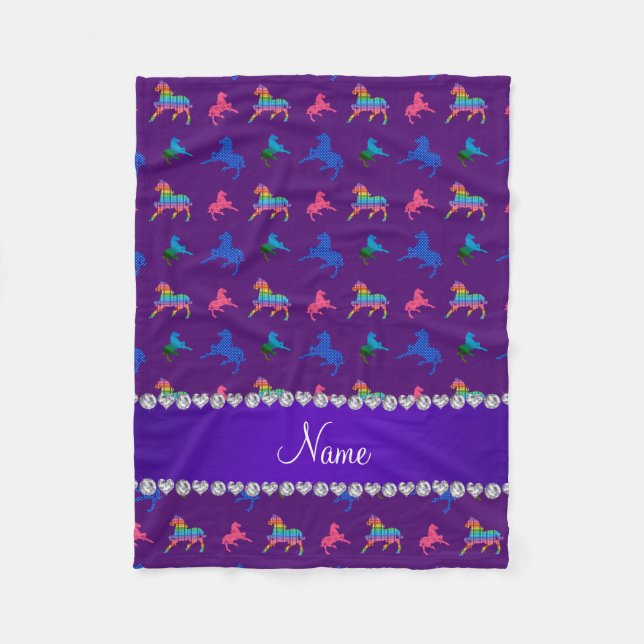 Personalized name purple patterned horses fleece blanket (Front)