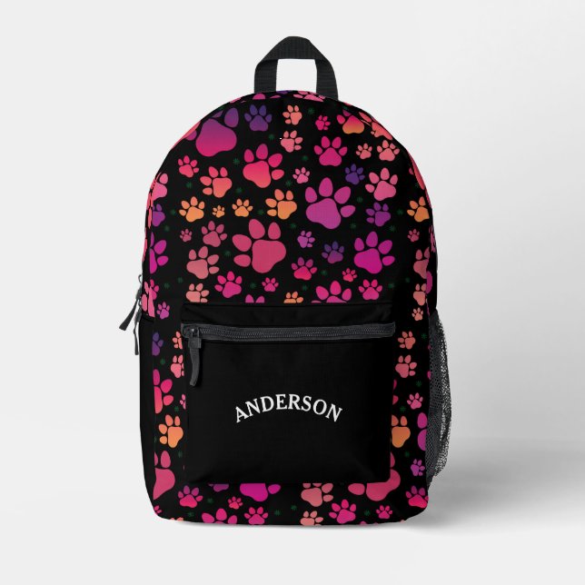  Personalized Name Purple Paw Pattern Printed Backpack (Front)