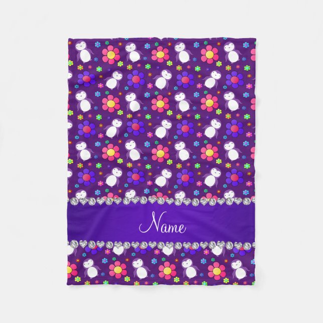 Personalized name purple penguins flowers fleece blanket (Front)