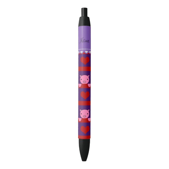Personalized name purple pigs red hearts stripes pen (Front Vertical)