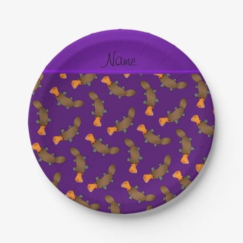 Personalized name purple platypus pattern paper plates