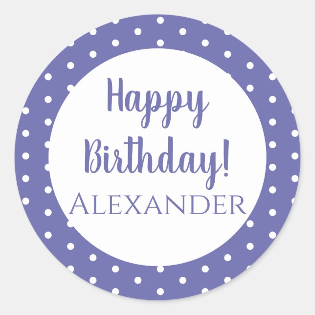 Personalized Name Purple Polka Dot Happy Birthday Classic Round Sticker (Front)