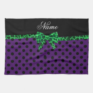 Personalized name purple polka dots green bow kitchen towel