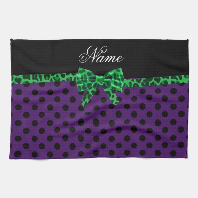 Personalized name purple polka dots green bow kitchen towel (Horizontal)