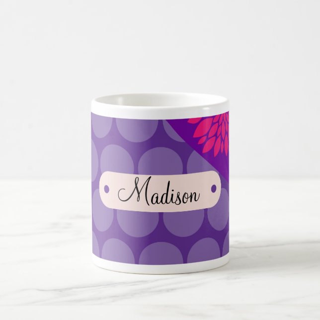 Personalized Name Purple Polka Dots Pink Flower Coffee Mug (Center)
