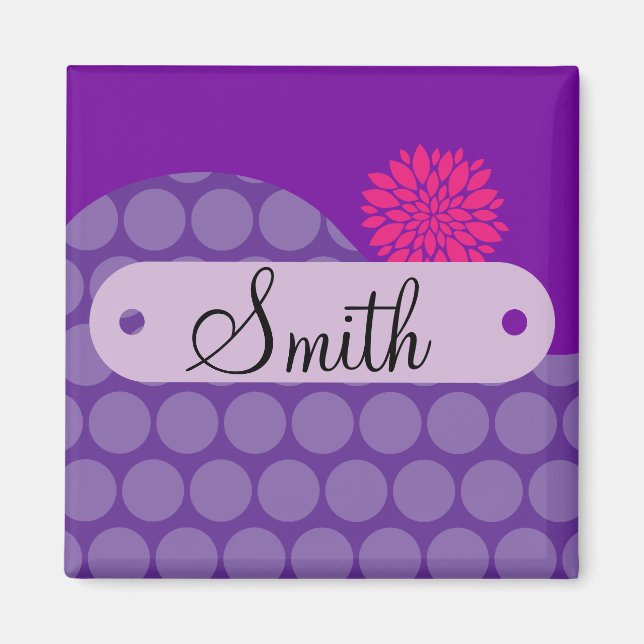 Personalized Name Purple Polka Dots Pink Flower Magnet (Front)
