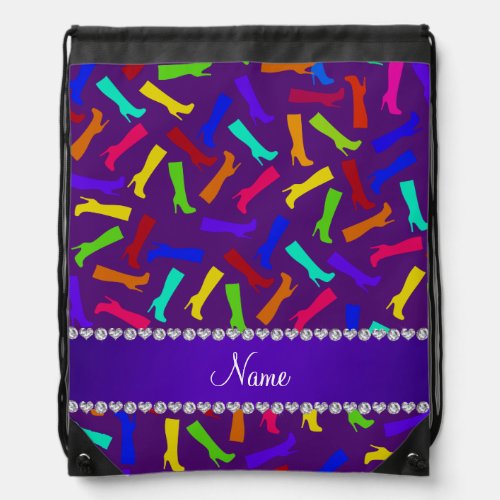 Personalized name purple rainbow boots drawstring bag