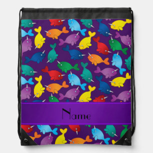 Personalized name purple rainbow narwhals drawstring bag