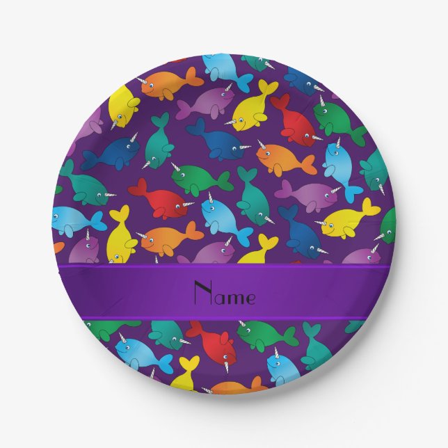 Personalized name purple rainbow narwhals paper plates (Front)