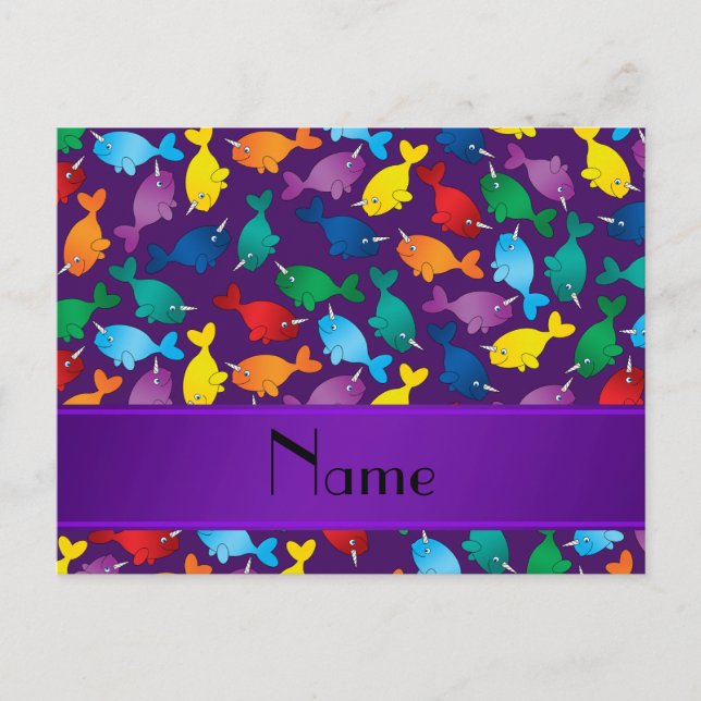 Personalized name purple rainbow narwhals postcard (Front)