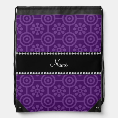 Personalized name purple retro flowers drawstring bag