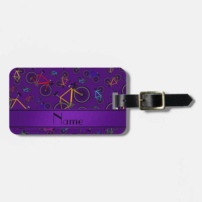 Personalized name purple road bikes luggage tag (Front Horizontal)