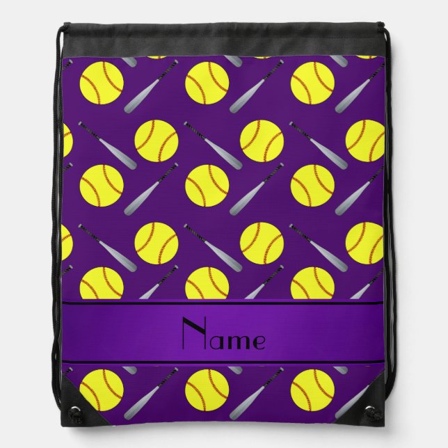 Personalized name purple softball pattern drawstring bag (Front)