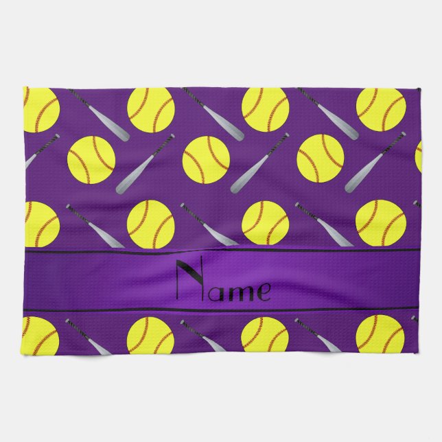 Personalized name purple softball pattern kitchen towel (Horizontal)