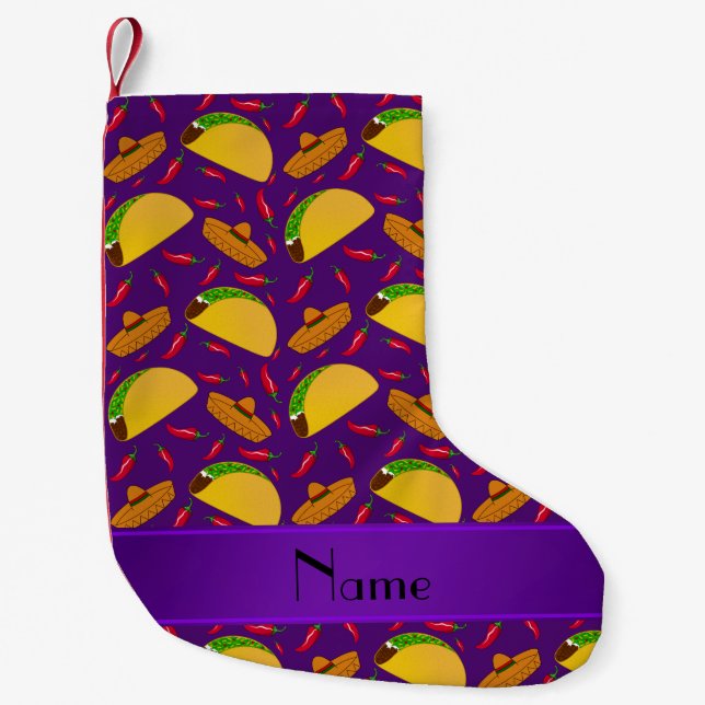 Personalized name purple tacos sombreros chilis small christmas stocking (Front)