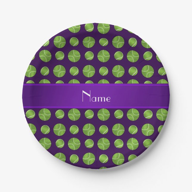 Personalized name purple tennis balls pattern paper plates (Front)
