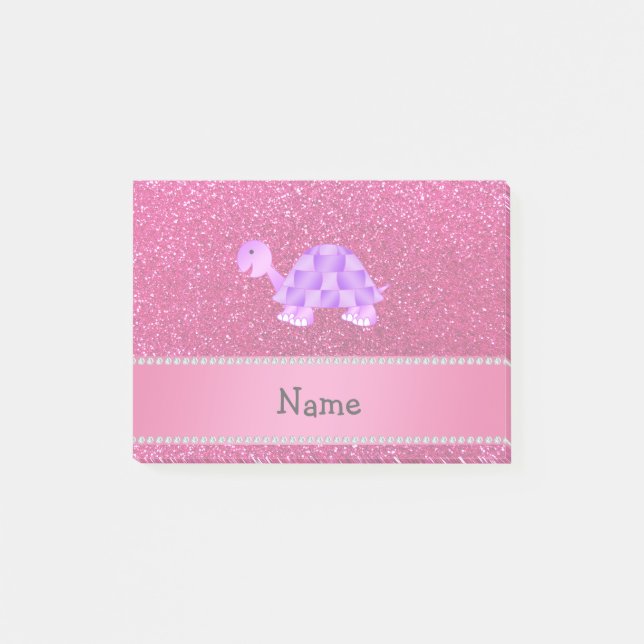 Personalized name purple turtle pink glitter post-it notes (Front)