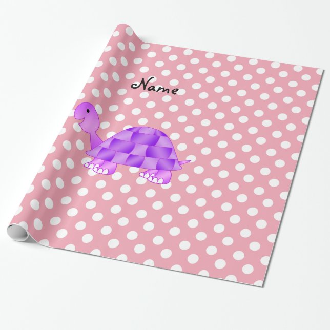Personalized name purple turtle pink polka dots wrapping paper (Unrolled)