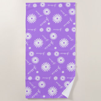 Personalized name purple typographic white flowers beach towel