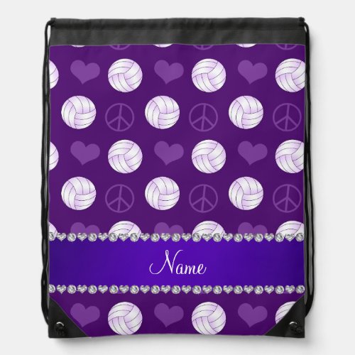 Personalized name purple volleyballs peace hearts drawstring bag