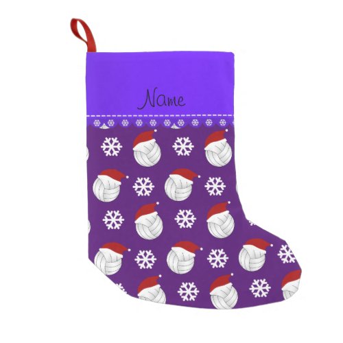 Personalized name purple volleyballs santa hats small christmas stocking