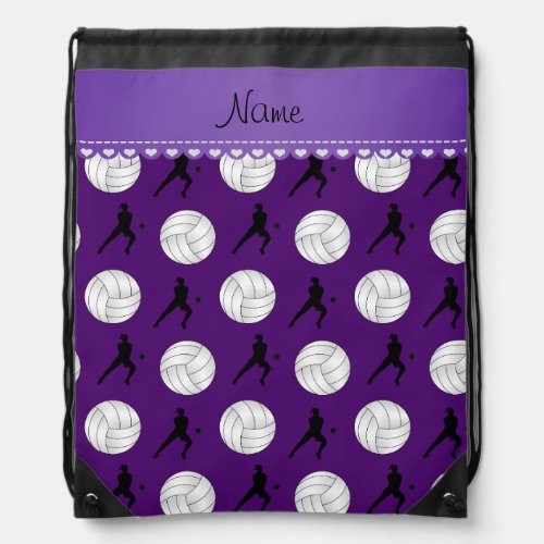 Personalized name purple volleyballs silhouettes drawstring bag