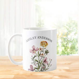 Personalized Name Purple Yellow Wildflower Bouquet Coffee Mug