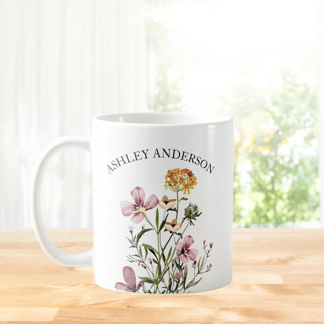 Personalized Name Purple Yellow Wildflower Bouquet Coffee Mug (In situ Kitchen table)