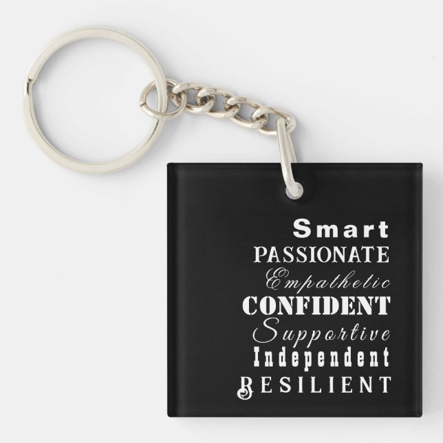 Personalized Name Qualities of Great Women Black Keychain (Front)